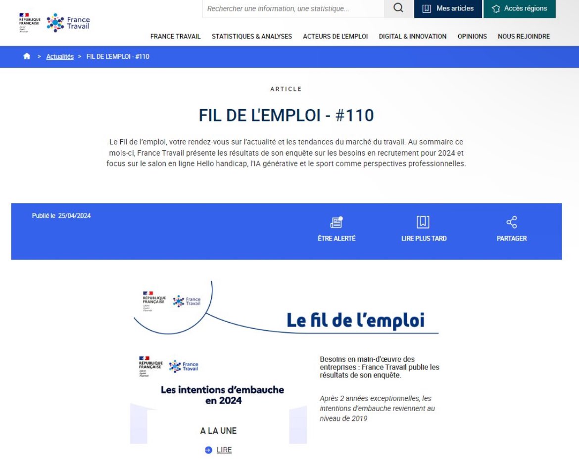 📆 [Actualié #Emploi ] - Tous les mois, France Travail vous donne RDV avec 'Le fil de l'emploi', la newsletter qui vous permet de suivre l’actualité et les tendances du marché du #travail ! 🔎 📩 Pour découvrir ce nouveau numéro et vous abonner à la newsletter ➡️…