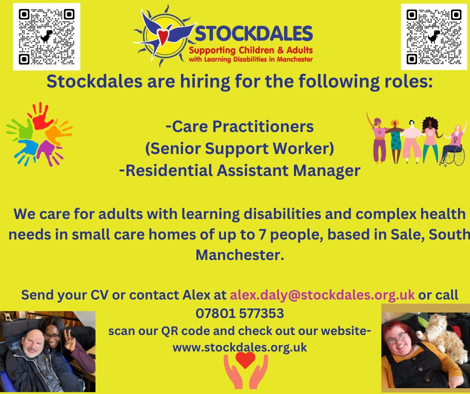 We are hiring! Scan the QR code and check out our current vacancies at Stockdales! #sale #altrincham #trafford #urmston #timperley #wythenshawe #localcharity #jobsincare #healthandsocialcare