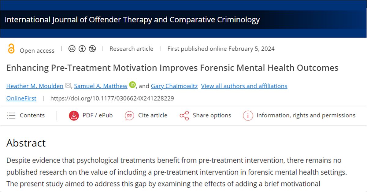 Latest #research from the #FPI team:
The authors address the lack of research on the value of a pre-treatment intervention in forensic #MentalHealth settings by examining the effects of adding a brief motivational preparatory program to standard #ForensicPsychiatry care. 1/2