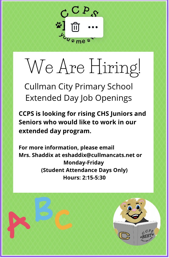 Students @CullmanCats interested in working at @cullmanprimary in the extended day program can contact @eshaddix1 using the contact information below! @CareerCoachCCS @allison_tuggle @abateschs @LindsayBrannon