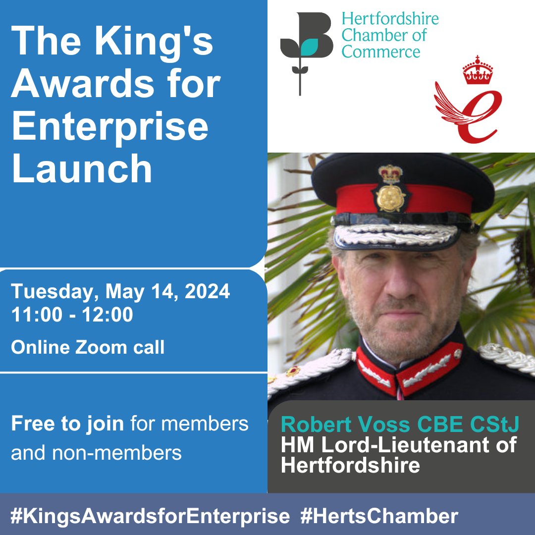 👑 The King’s Awards Launch | Tuesday, May 14 We’ll be rolling out the virtual royal red carpet this month for the launch of The King’s Awards. Learn more about this event and The King’s Awards, follow the link below: my.hertschamber.com/calendar_detai…