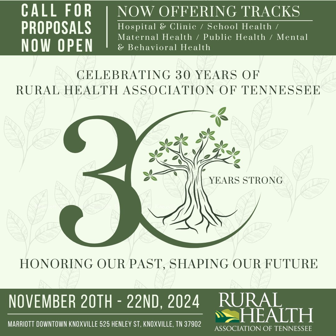 Rural Health Association of Tennessee's Call for Proposals for our 2024 Annual Conference is now open! The deadline to submit proposals is May 31st. Notifications of acceptance will go out in June. For more information, click the link below! tnruralhealth.org/annual-confere…