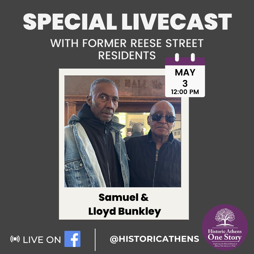 Join us tomorrow for a special pre-recorded livecast 🎙️ featuring former Reese Street residents Samuel and Lloyd Bunkley!

Stay updated on our calendar for more exciting events! 📅

#AthensGA #HistoricAthens #ReeseStreet #LiveCast