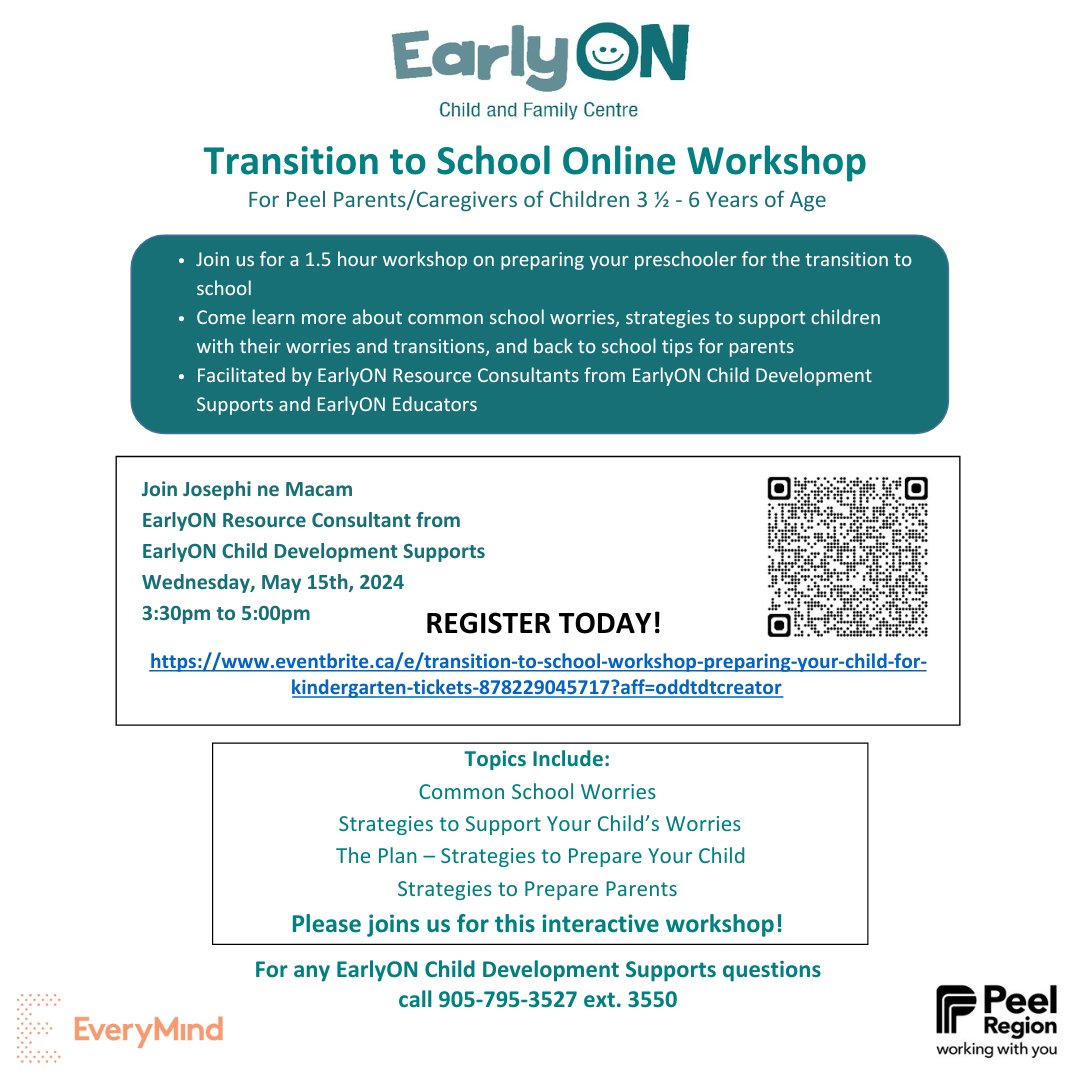 Is your child going to kindergarten? Join Josephine’s workshop on Wednesday, May 15th , 2024, from 3:00pm to 5:00pm to learn more on preparing your child for the transition to school. Click here to register bit.ly/3wddB09

#EarlyON #RegionofPeel #ChildDevelopment #MyDbnc