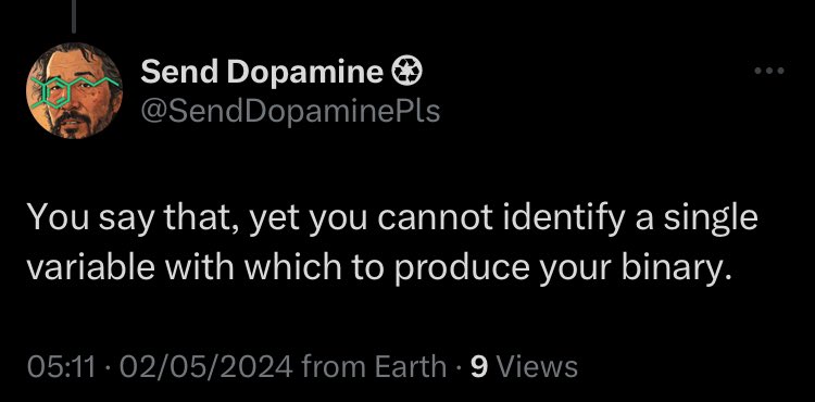 Dope simply cannot comprehend the premise - unified across evolutionary and developmental biology - that sex is a system, arising from the fact there are two types of gamete, and that human bodies are patterned to propagate one gamete type. This is basic, fundamental knowledge.