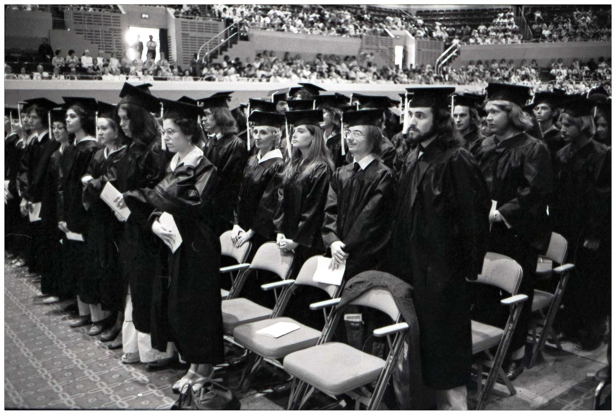 How about that graduation feeling? Class of 1975 (pictured here) and ’Canes alumni everywhere are just seven days from welcoming a new class to the family. Tag a grad and congratulate the class of 2024! 🧡 💚 #CaneForLife #ThrowbackThursday #TBT