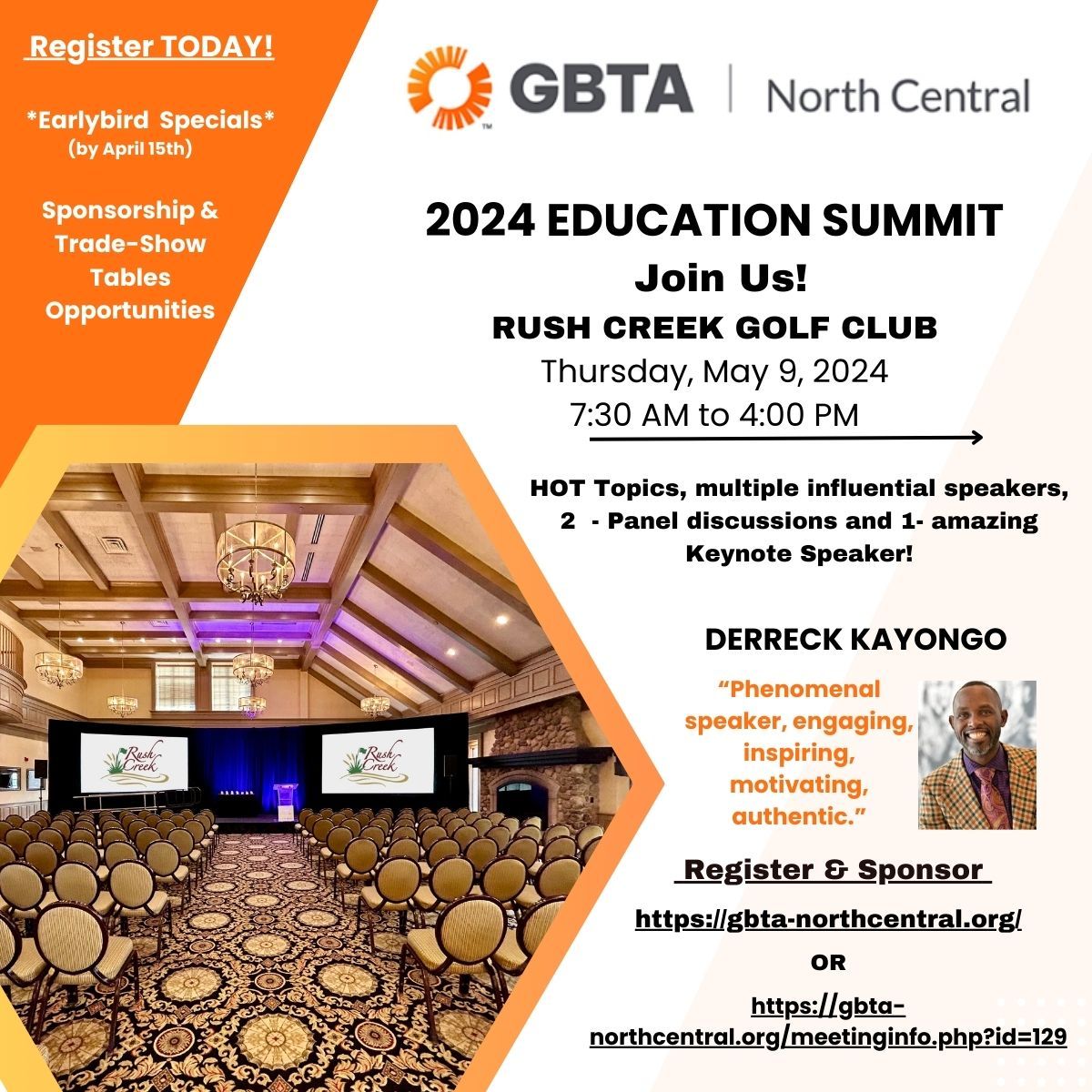 Join us for the GBTA North Central 2024 Education Summit!  Don't miss this opportunity to connect, learn, and grow. Register today to secure your spot.

🗓️ Date: Thursday, May 9, 2024
🕢 Time: 7:30 AM - 4:00 PM
📍 Location: Rush Creek Golf Club