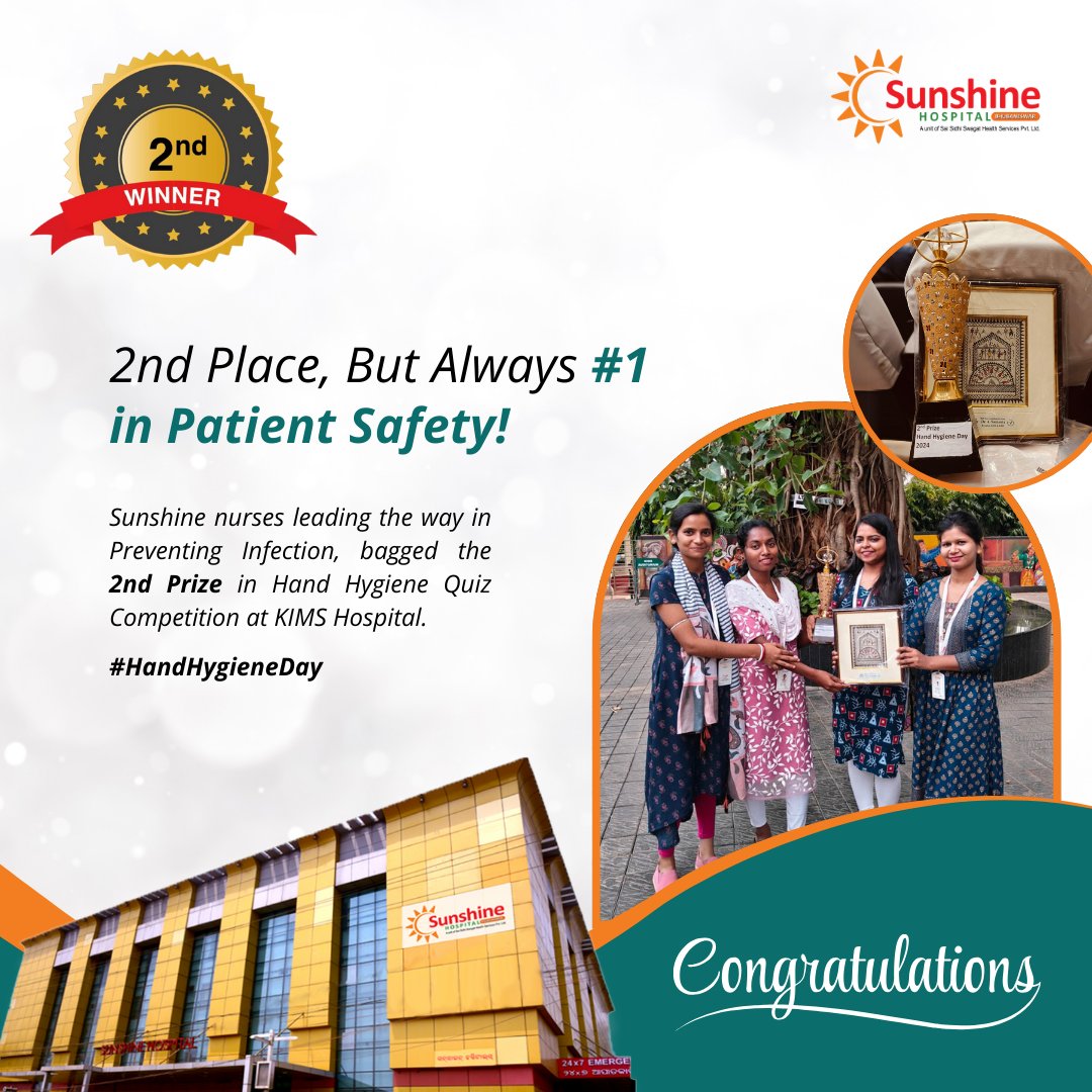 Shining Bright! @SunshineBBSR's dedicated staff nurses bagged 2nd prize in the Hand Hygiene Quiz Competition at KIMS Hospital. Congratulations on your well-deserved victory! 

#sunshinehospital #HandHygiene #HandHygieneDay #QuizCompetition #2ndprize #NursePower #nurse