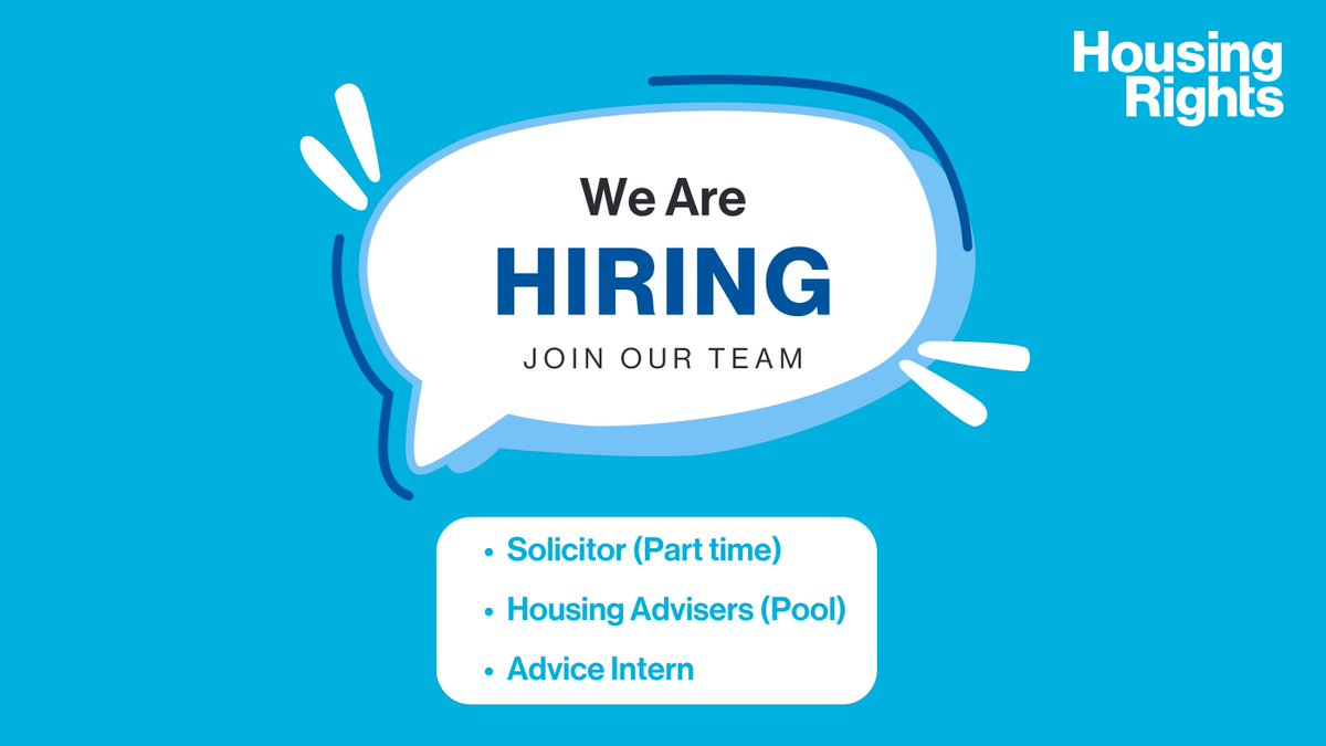 We are #Hiring! We have openings for a Solicitor (Part-time), Housing Advisers (Pool) and Advice Intern. ⏰Applications for Solicitor (Part-time) and Housing Advisers (Pool) close Tuesday 7 May at midday⏰ Click the link to apply: housingrights.org.uk/careers