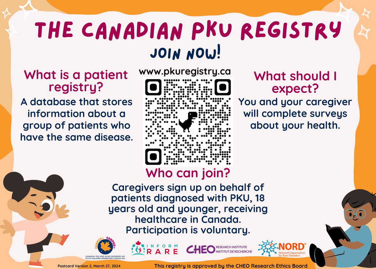 The Canadian PKU Registry launches today! Do you or your family member have phenylketonuria-PKU Interested in advancing research? Join Canadas PKU Registry Visit loom.ly/h6qgJIU If you have any questions, contact The CDN PKU Registry Study at pkuregistry@cheo.on.ca