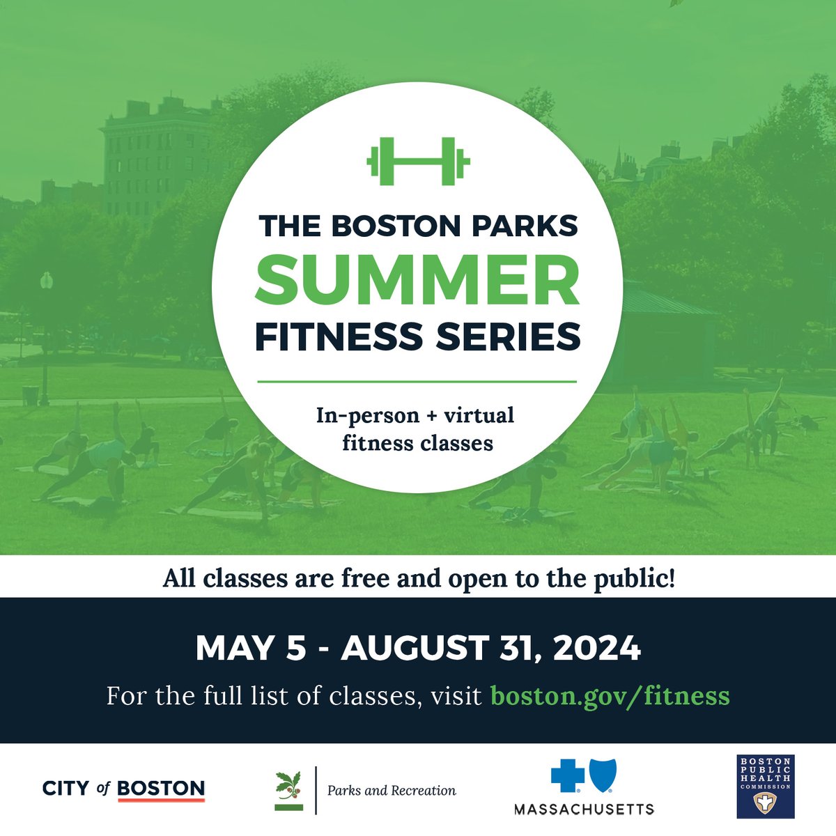 Parks Summer Fitness is back! In-person and virtual classes will keep Boston moving all summer long! All classes are free and open to the public. boston.gov/fitness
