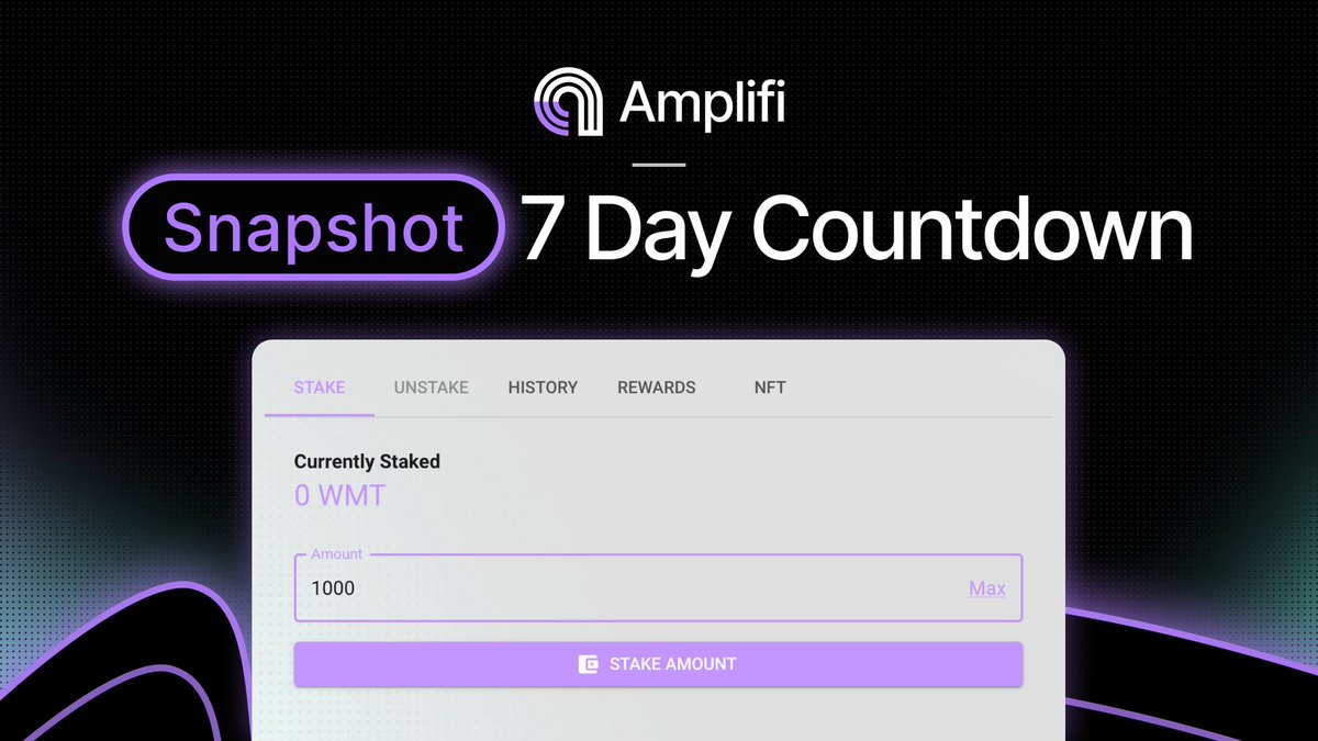7 day countdown until our first staking snapshot! This will be the first AMP NFT eligibility month ⏳📡

🗓️ First snapshot: May 9th at 11am UTC

👇🏽 Stake $WMT via our staking app:
app.amplifi.world

📖 Learn more:
docs.amplifi.world

#WorldMobile #AirNodes #DePIN