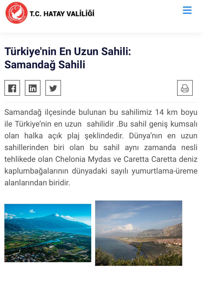 Benim bildiğim kadarıyla Türkiye’nin en uzun sahili Samandağ değil. @HatayValiligi gibi resmî kurumda bunun yazılması ilginç geldi. Biz mi yanlış biliyoruz @MustafaMasatli 😊 Eğer doğruysa reklamını tekrar yapacağım, teyit lazım 😂
