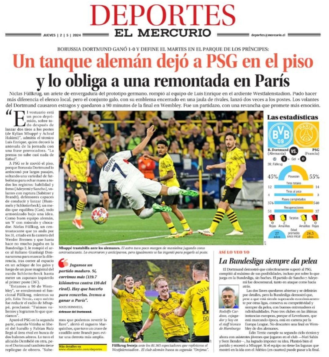 Hoy en nuestra edición papel: Borussia Dortmund complica a PSG • Santiago Ford se quedó sin competir en Italia porque no le enviaron las garrochas desde Chile • El lío de la localía de la U Para más información ingresa a elmercurio.com/deportes