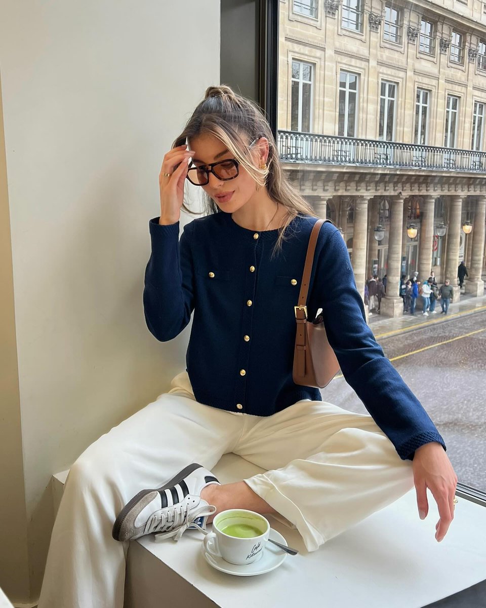 Casual yet chic - perfect for a coffee date! @elisalevallois 🔎Wool Button-Front Sweater Lady Jacket 🔎Pleated Wide-Leg Dense Silk Trousers #lilysilk #Livespectacularly #LILYSILKSS24 #StateofWonder