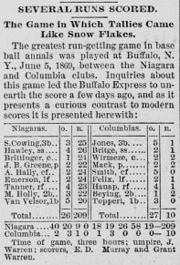 The most runs scored in a baseball game: 209, by the Niagara Club of Buffalo, who five days earlier had lost to the Cincinnati Red Stockings by a score of 42 to 6. The clip below misdates the game with the Columbias as June 5, 1869; it was in fact played June 8.