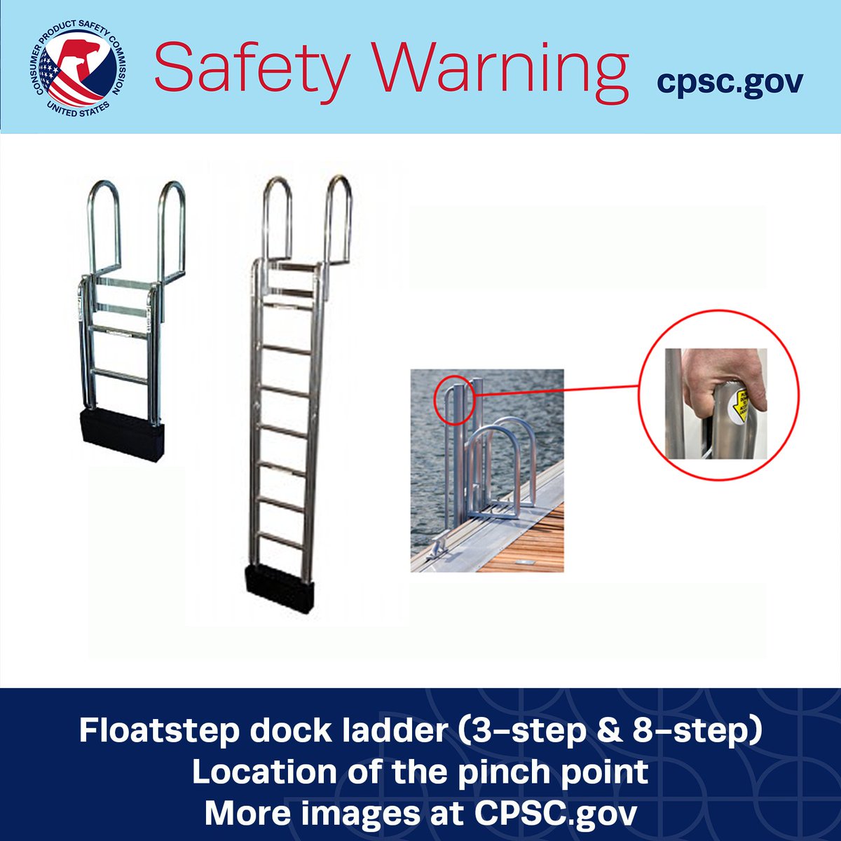 #WARNING: @USCPSC warns consumers to immediately stop using Floatstep Dock Ladders due to risk of fingertip amputation and crushing injuries; Manufactured by Atlantic Aluminum and Marine Products Full release: cpsc.gov/Newsroom/News-…