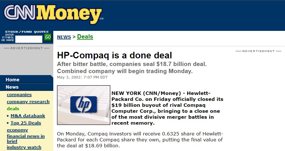 On this day in 2002, <a href="/HP/">HP</a> completed its buyout of Compaq Computer Corp. The transaction was valued at $18.7 billion.