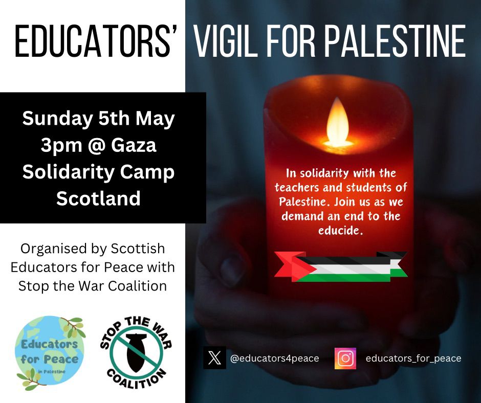 This Sunday at 3pm Educators for Peace are holding a Vigil for Gaza at the Peace Camp which has been set up by students outside the Scottish Parliament. Members and friends are welcome to join the EIS in solidarity with Educators for Peace.