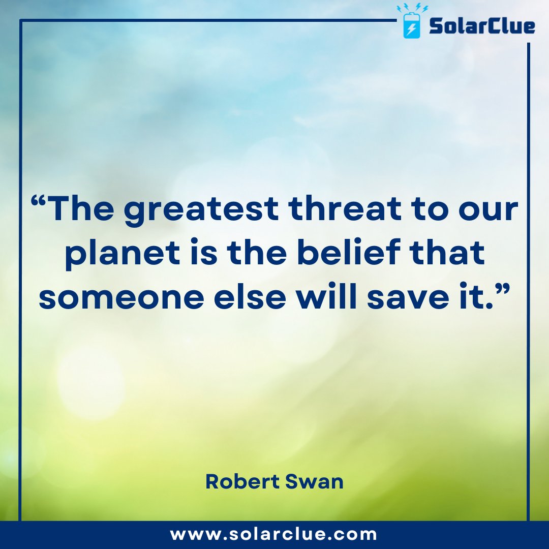 Taking Responsibility for Our Planet

This quote by Robert Swan reminds us that each of us plays a crucial role in preserving our planet. Waiting for someone else to take action is not the solution. 

#EnvironmentalResponsibility #ClimateChange  #SolarClue #QuoteOfTheDay