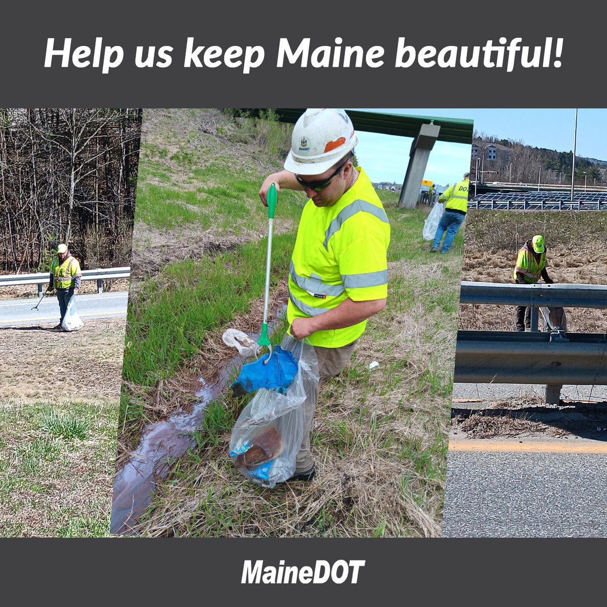 MaineDOT1's tweet photo. Our crews have been out picking litter on the roadside recently. Unfortunately, we have to do this every spring. We all want to keep Maine beautiful – help us help you! Don’t litter, and secure loose items in your vehicles before hitting the road. https://t.co/DvsrhrRicy