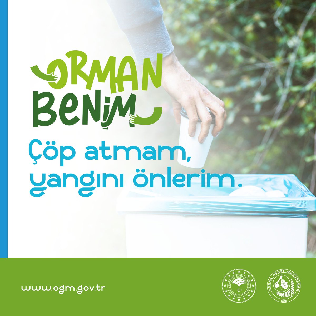 Ormanlarımızı yanmadan korumak için yangınlara neden olan atıkları Orman Benim kampanyası ile temizliyoruz. Haydi sen de katıl... Milletçe bir olup orman yangınlarını önlüyoruz.