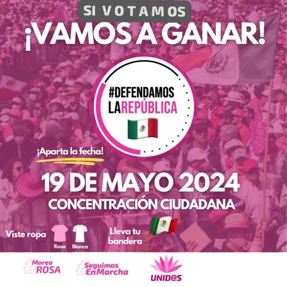 Ya estamos listos para pintar las plazas de rosa 
Lleva tu bandera de México y una prenda rosa 🩷💗
Nos vemos el #Mayo19
#MareaRosa #MéxicoDespertó 
Nos va a acompañar nuestra candidata Xóchitl Gálvez y Santiago Taboada por la #CDMX 

Ahí nos saludamos ☺️☺️