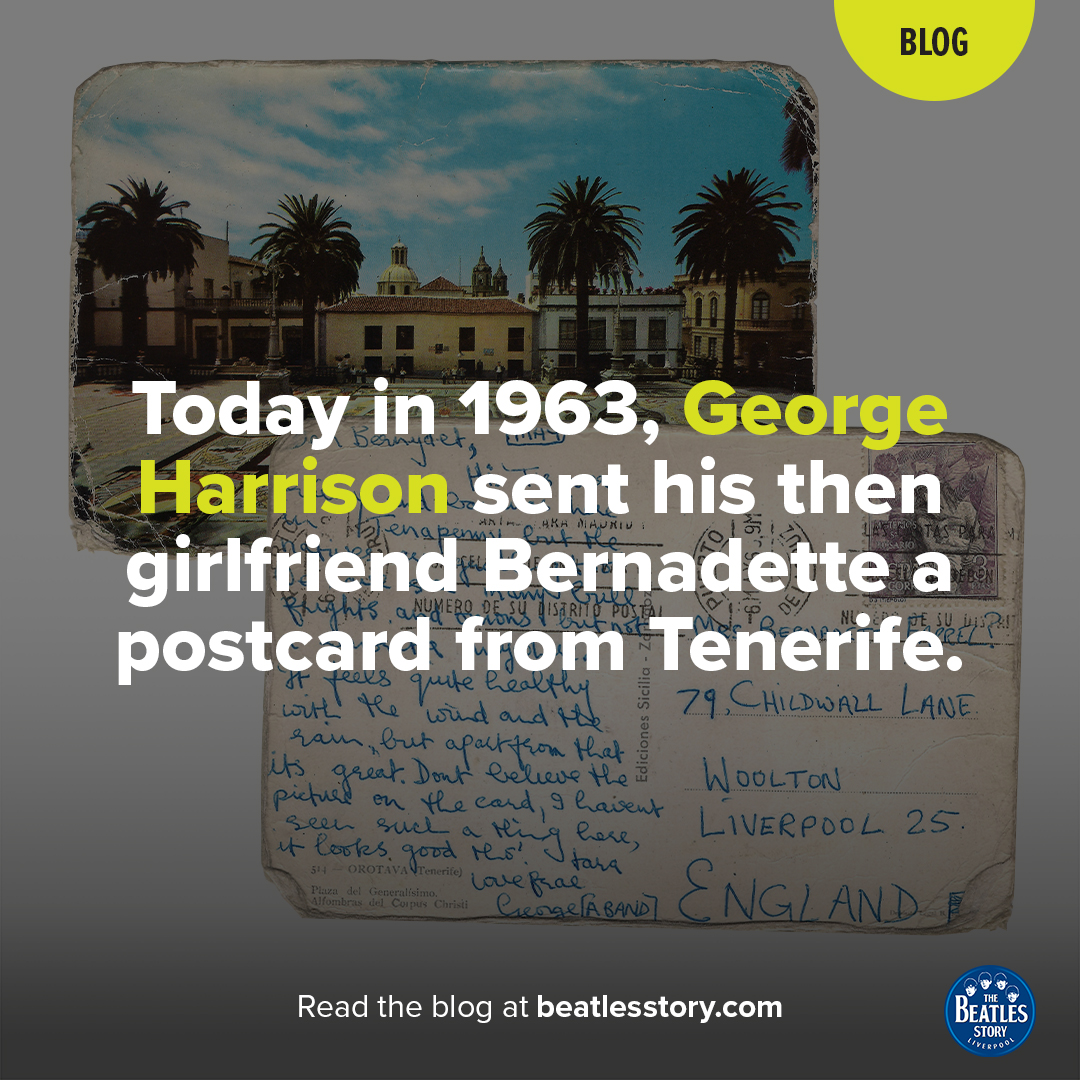 #OnThisDay in 1963, George Harrison sent a postcard to Bernadette Farrell (co-founder of The Beatles Story), from his holiday with Paul and Ringo💌 You can read the postcard in Bernie's interview below, and on display at The Beatles Story. bit.ly/bernie-byrne-i…