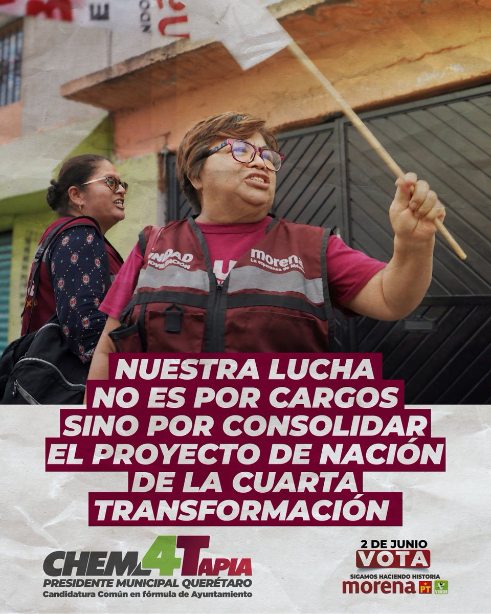 Esta pelea la damos para que en Querétaro haya cada día menos desigualdad, más derechos y libertades para todas y todos. Este 2 de junio con tu voto por la 4T, lo vamos a lograr. #ChemaPresidente #QuerétaroEnMejoresManos'