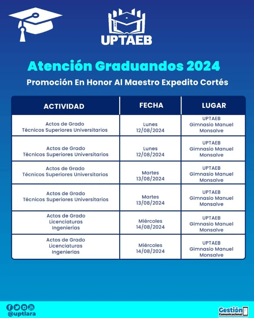 #Atencion Graduándos 2024
Promoción en Honor al Maestro Expedito Cortés 

📌Toma Nota✍🏻

Chequea el Cronograma de las actividades de los Solemnes Actos de Grado🎓

Pendiente de nuestras próximas publicaciones 

Felicitaciones por la.meta alcanzada.!!

#SomosUptaeb

@michellyvivas