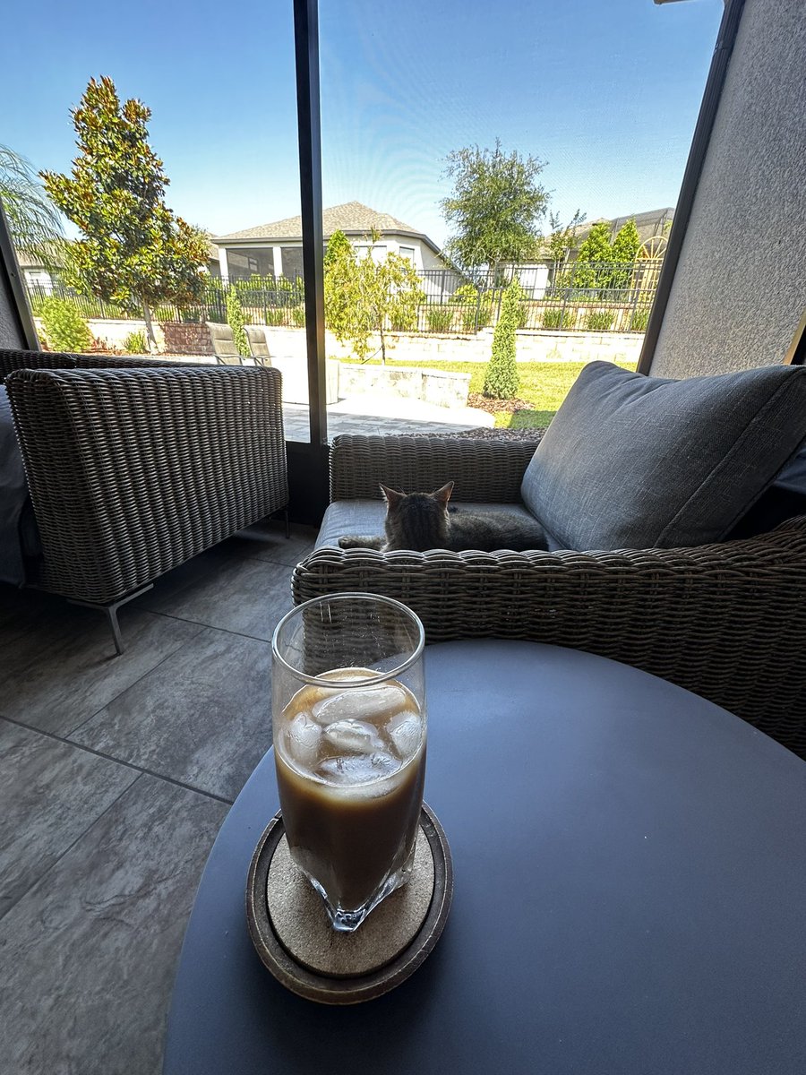 Perfect morning for a day off. 

Lanai, iced coffee, and kitty.