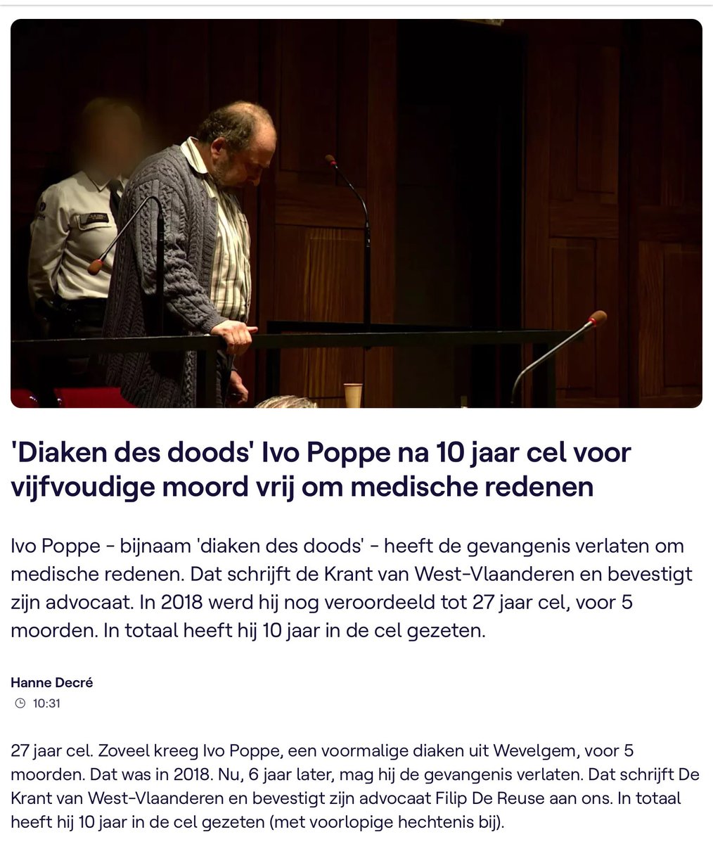 It is my civic duty to inform you that Ivo Poppe, the serial killer from my town, was released. A nurse in a local hospital, the 'Deacon of Death' brought dozens of people 'closer to God' - his stated intention. My family physician, who lost patients, testified in court. #crime