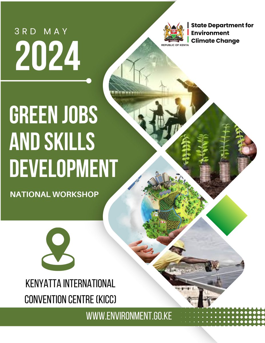 Join us tomorrow May 3 at @KICC_kenya for the National Green Jobs and Skills Development Workshop a partnership between the Government of Kenya with Green Jobs for Youth pact partners, @ilo, @UNEP through the GO4SDGs initiative, @UNICEF together with @JacobsLadder_A #GreenJobs