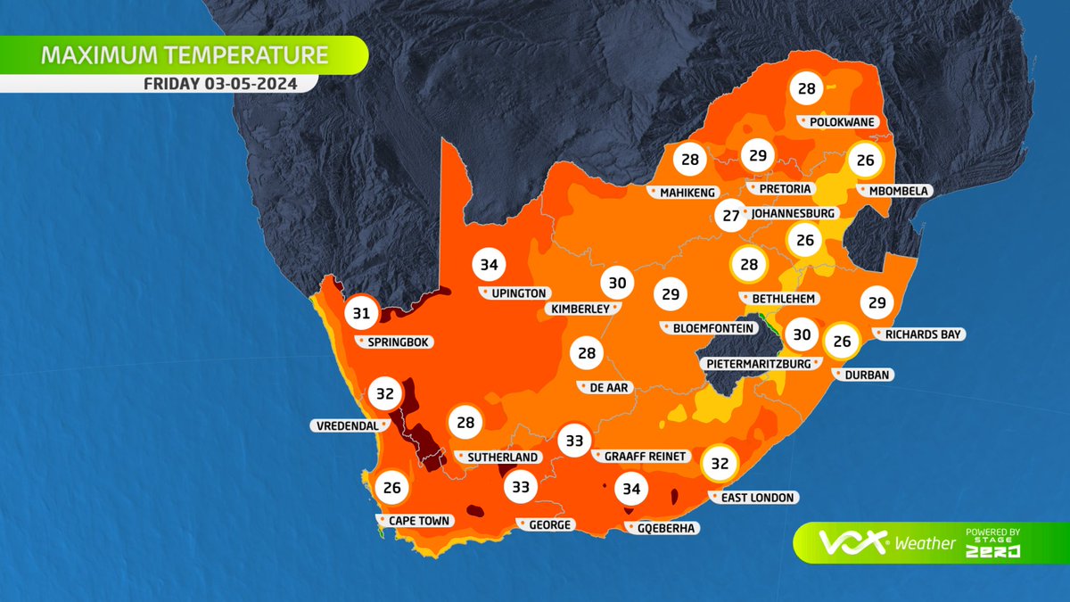 WEATHER & WARNINGS for this FRIDAY – 03 May 2024 🌬️STRONG winds over western SA, ahead of a weak cold front approaching ☀️BERGWINDS will lead to HOT conditions over southern SA ⚠️WARNINGS by SAWS⚠️ 🟡Yellow L2: Winds over parts of N- & W-Cape #voxweather #hot #windy