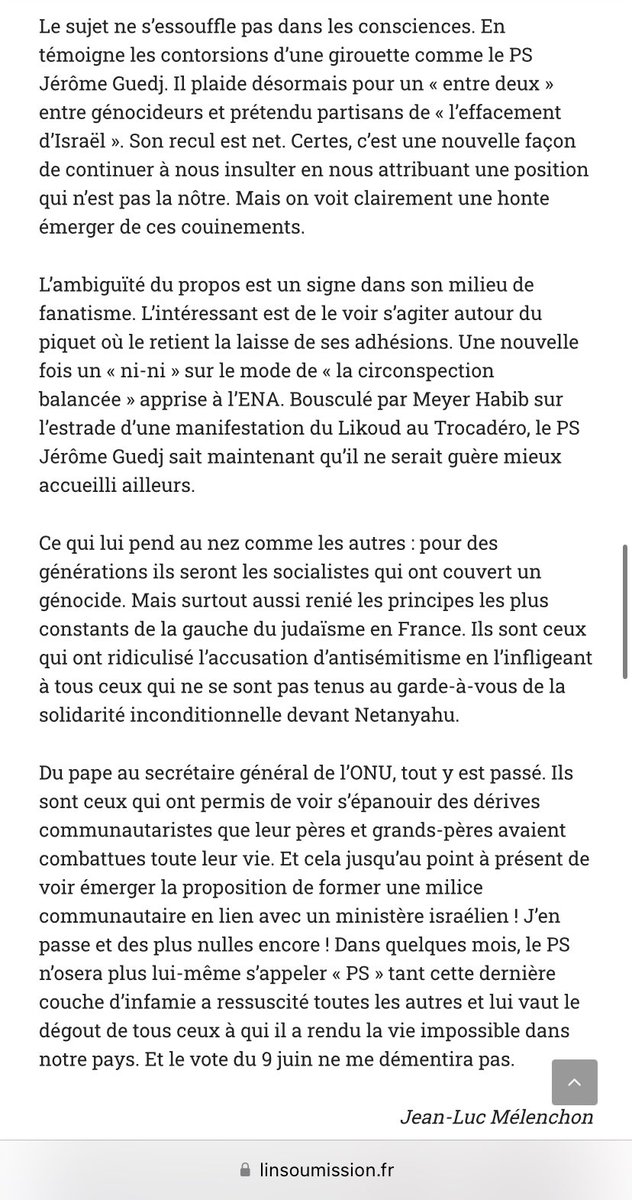 'L’ambiguïté du propos est un signe dans son milieu de fanatisme' 'la laisse de ses adhésions' (sic) 'dérives communautaristes que leur pères…' En dépit de désaccords sur la laïcité & l’UE, soutien total à @JeromeGuedj visé par la plume putride et lâche de Jean-Luc Mélenchon.