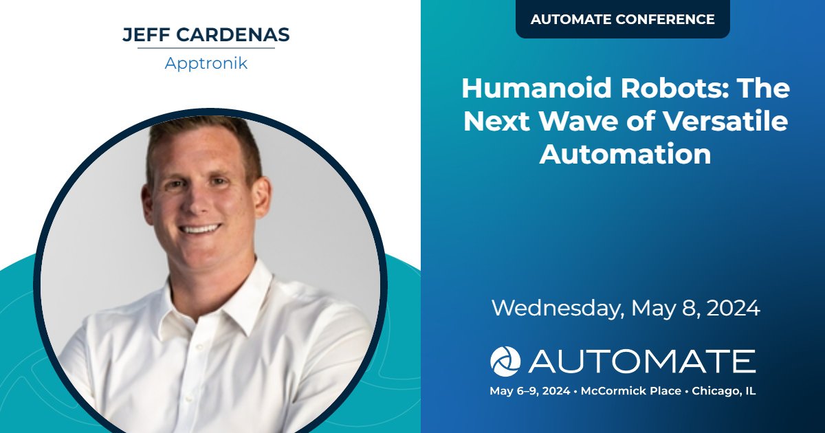 Heading to #Automate2024 next week? Please join Apptronik Co-founder and CEO Jeff Cardenas for an insightful discussion on real-world use cases for humanoid robots. See you in Chicago! automateshow.com/agenda #apptronik #ai #humanoidrobot #robotics #automateshow