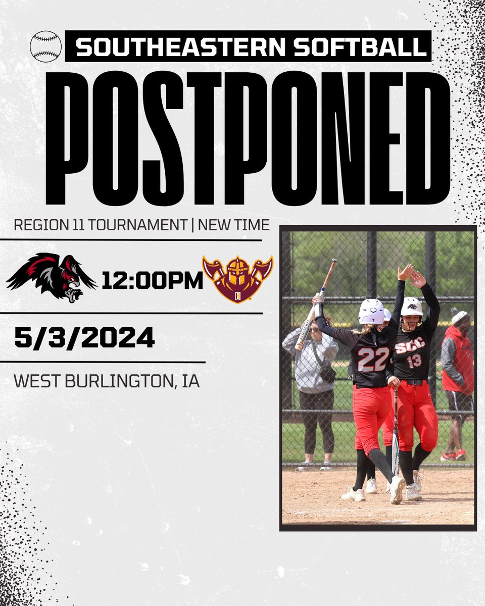 🚨POSTPONED🚨 Today's game 3 between Indian Hills and Southeastern has been rescheduled due to inclement weather to tomorrow at noon in West Burlington! #SCCBlackhawks⚫️
