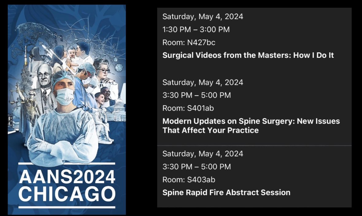 Looking forward to connecting at #AANS2024! Check out all the great spine surgery content online or on the meeting app @AANSNeuro. This is just a fraction of what is on the schedule.