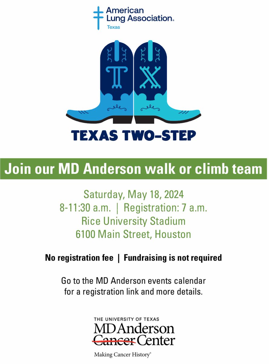 Step up for lung health & join me for the @LungAssociation's Texas Two-Step event! 🤠🏃🏽‍♂️ 📆 Saturday, May 18th ⏰ 8:00 AM 📍@RiceUniversity Stadium Excited to be the physician lead for our @MDAndersonNews team! 💪🏽#EndCancer #lcsm Sign up here: action.lung.org/site/TR/Climb/…