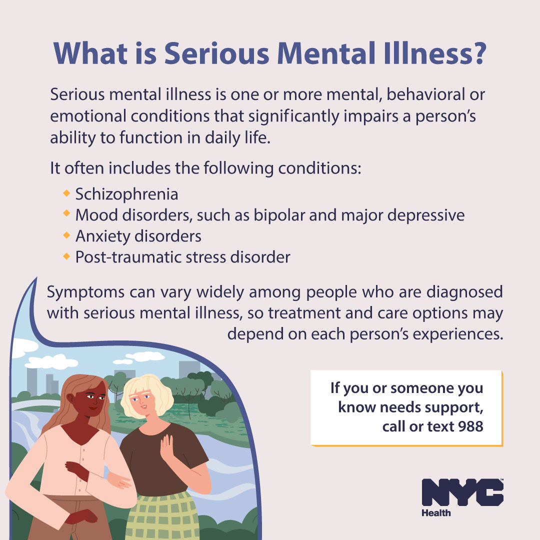 About 4% of adult New Yorkers live with a serious mental illness (SMI) diagnosis. 39% of adult New Yorkers with SMI are not engaged in treatment. With the right help, New Yorkers with SMI can thrive. Learn more: on.nyc.gov/3ys4jL0 #MentalHealthMonth