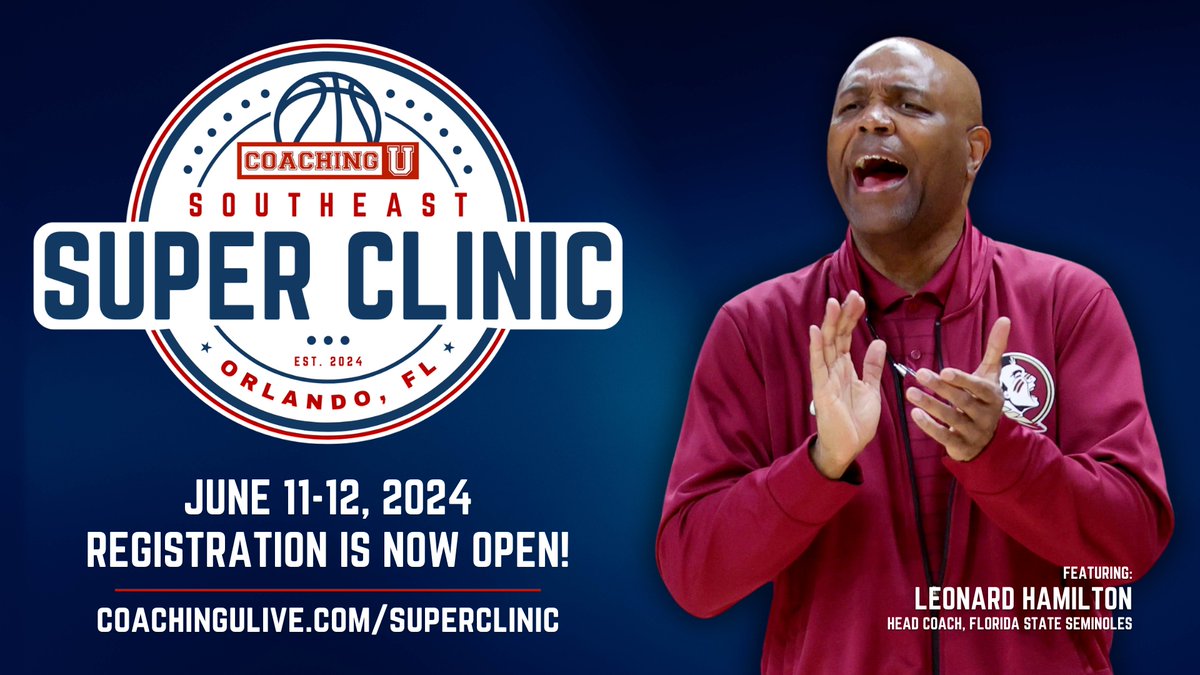 🏀 Coaching U returns to Orlando this summer for the 1st ever Southeast Super Clinic featuring Florida State's Leonard Hamilton! 🗓️ June 11-12, 2024 📍 Orlando, FL 🎟️ Registration is now open: 🔗 coachingulive.com/superclinic