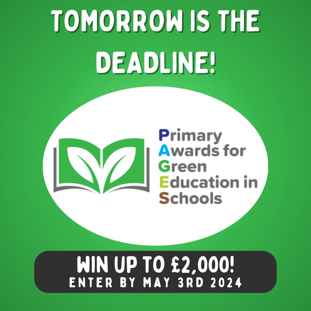 Tomorrow is the deadline for PAGES entries! Don't miss your chance to join this exciting opportunity for UK primary schools! With 48 chances to win and prizes totalling up to £2,000, it's time to showcase your environmental projects! Sign up here: primaryawards4greeneducation.org.uk/school/signup