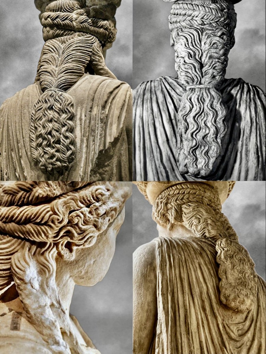 The exquisite and elegant braided hair of the Caryatids. 421-406 BC. Erechtheion/Acropolis of Athens, Greece.