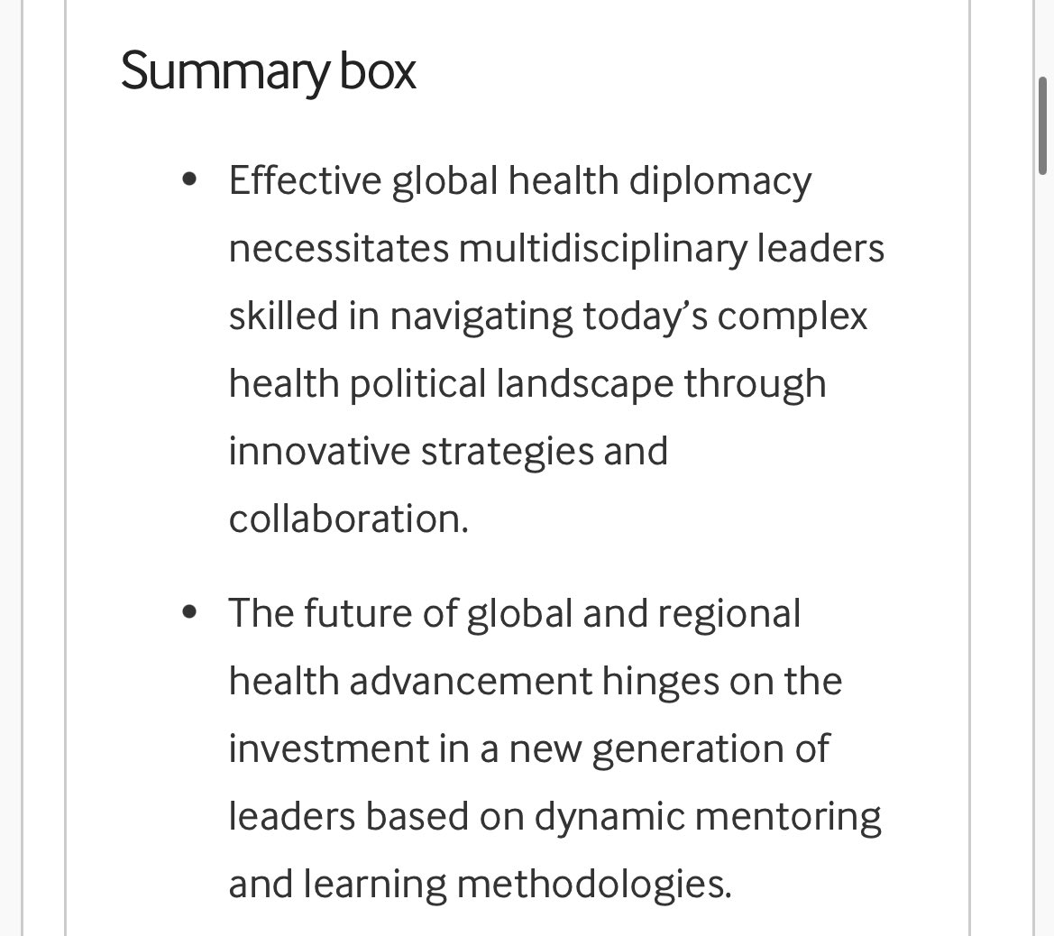 Powerful lessons by @brianwong_ et al. for renewing political leadership via global health diplomacy: ▫️Articulate health as a political choice ▫️Move beyond traditional public health models ▫️Leverage emerging global dynamics ▫️Cultivate new generation of public health leaders