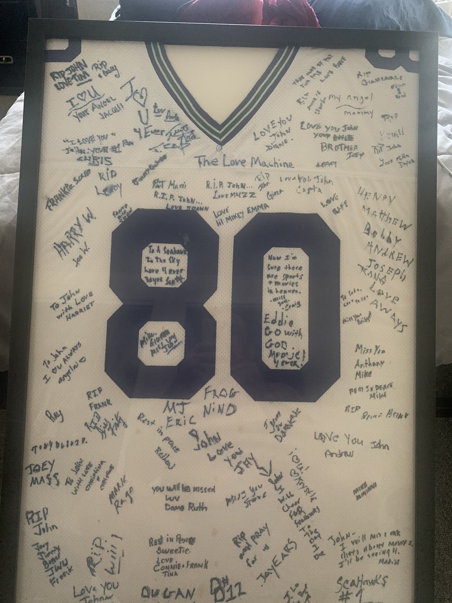 touching tribute if someone close to you passes away that’s into sports - my brother John passed away few yrs back big Seahawks fan at his funeral,we bought a home white Seahawks Jersey & had his friends sign it ,framed it & hung it up in my moms house .. RIP big bro