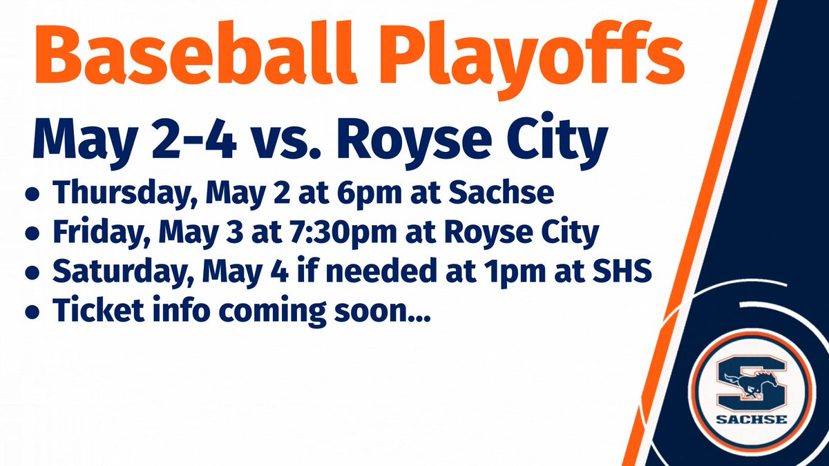 Baseball Playoff Game TONIGHT has been moved up to 6pm due to weather forecast. Sachse Community...we need you at Sachse tonight to cheer on our boys!