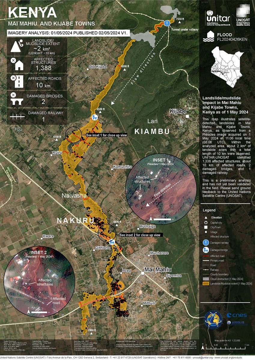 This map uses imagery from #Pleiades to estimate the extent of landslides/mudslides at Mai Mahiu and Kijabe in Kenya, following the flood: bit.ly/3QoFo4A
The images of the area were acquired yesterday.