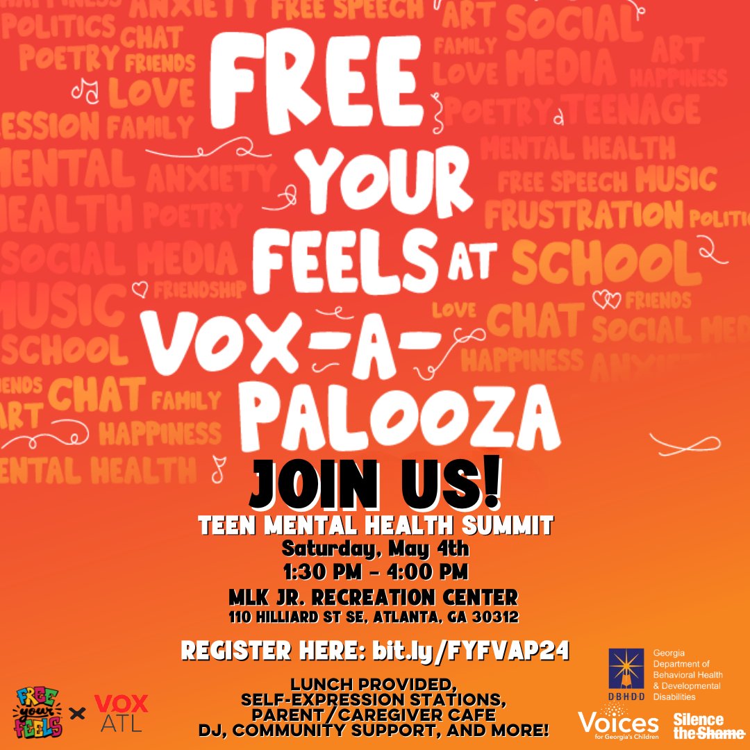 Join @VOXROXATL and @FreeYourFeelsGA for VOX-A-PALOOZA this Saturday, May 4, from 1:30-4 pm in Atlanta! This youth-led event will feature performances and content from talented youth, mental health resources, food, fun, and more! Register for FREE: bit.ly/3UIp15m.