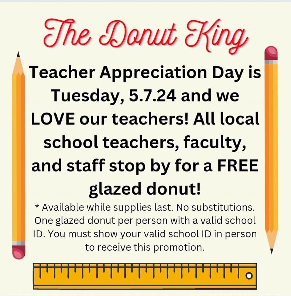 Local school teachers, faculty, and staff, stop by The Donut King on Tuesday, May 7th, for a FREE glazed donut. 🍩 You will need to bring your school ID. 🪪
#WeAreECS #ExpectExcellence