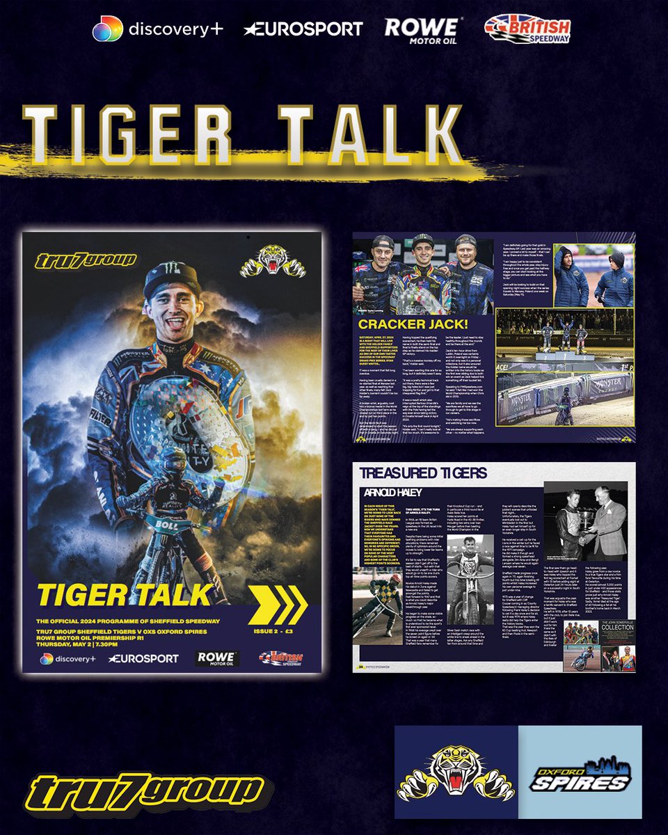 📚 𝗧𝗜𝗚𝗘𝗥 𝗧𝗔𝗟𝗞 In tonight’s issue: ➖Jack Holder reacts to first GP win ➖ Damien Bates Column ➖ ‘Treasured Tigers’ looks at Arnold Haley’s time with the club All this and much more available for just £3 trackside!